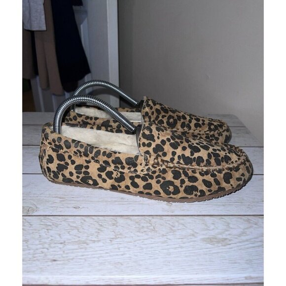 LANDS END Women Animal Print Brown Moccasin Slippers Suede Faux Fur - Picture 6 of 15